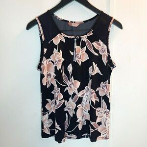 SJS Navy Peach Floral Zipper Neck Sleeveless Flowy Blouse Feminine Women's M